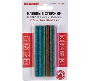 Стержни Rexant клеевые (d=7 мм, L=100 мм, цветные с блестками, 12 штук в блистере) 09-1025